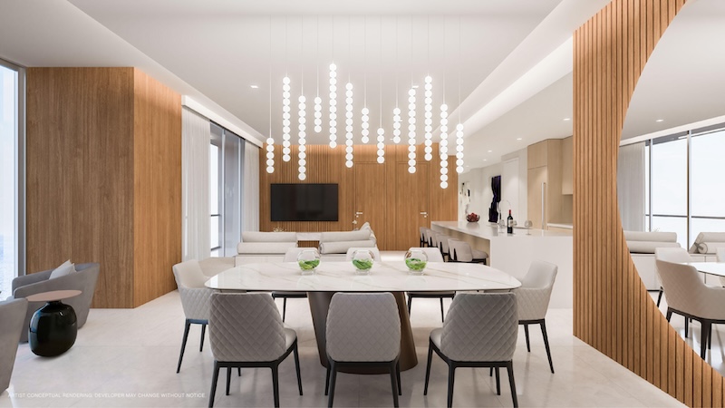 At Sixth&Rio, residents have the exclusive opportunity to elevate their living spaces with the exquisite designs of Steven G. Interiors. Kitchen space designed by renowned local design specialist Steven G. Interiors