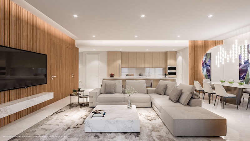 At Sixth&Rio, residents have the exclusive opportunity to elevate their living spaces with the exquisite designs of Steven G. Interiors. Conceptual living space designed by renowned local design specialist Steven G. Interiors